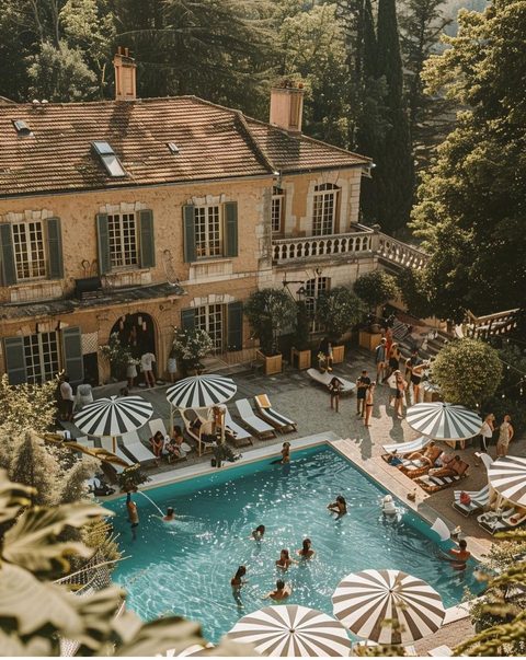 Garden-party autour de la piscine d'une villa